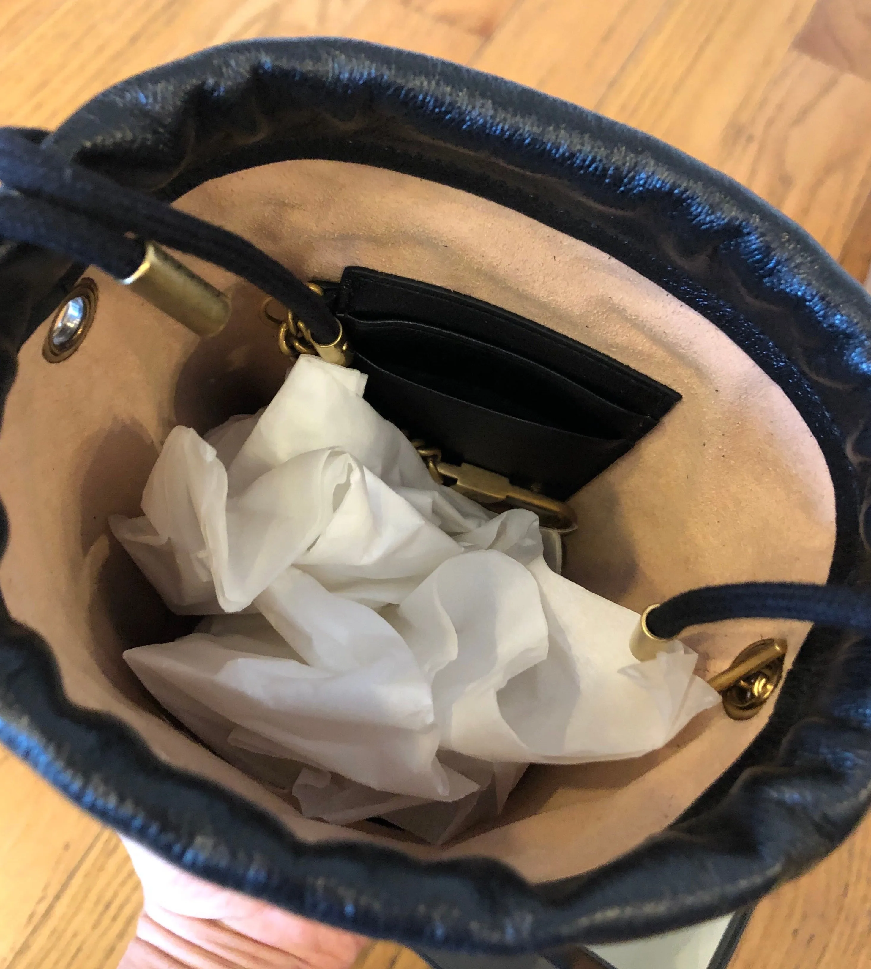 Gucci GG Marmont Bucket Bag in Black and Beige with Red Trim