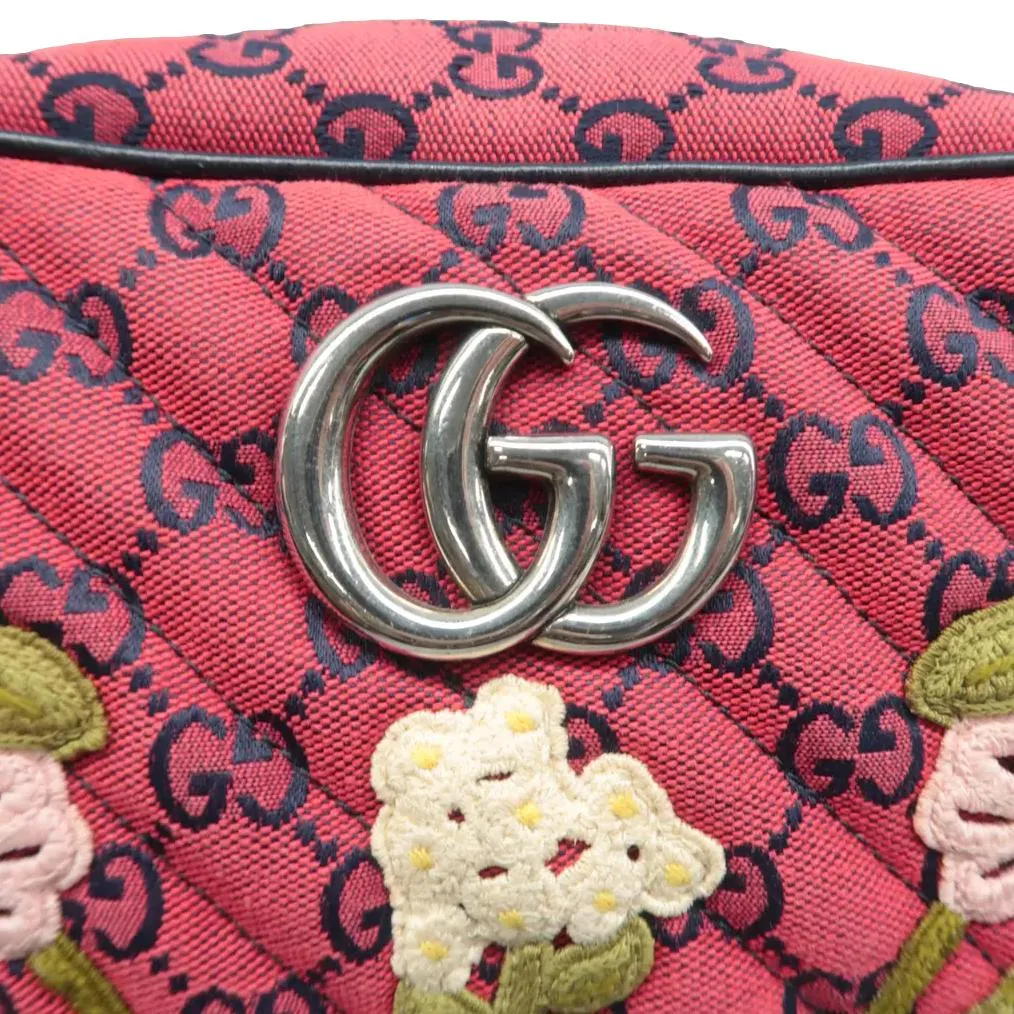 GUCCI GG Marmont Small Monogram Embroidered Diagonal Chain Shoulder Bag Red 447632