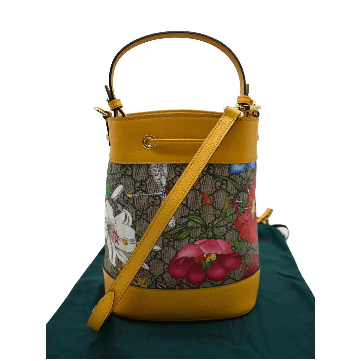 GUCCI Ophidia Flora Small GG Canvas Bucket Bag Yellow 550621