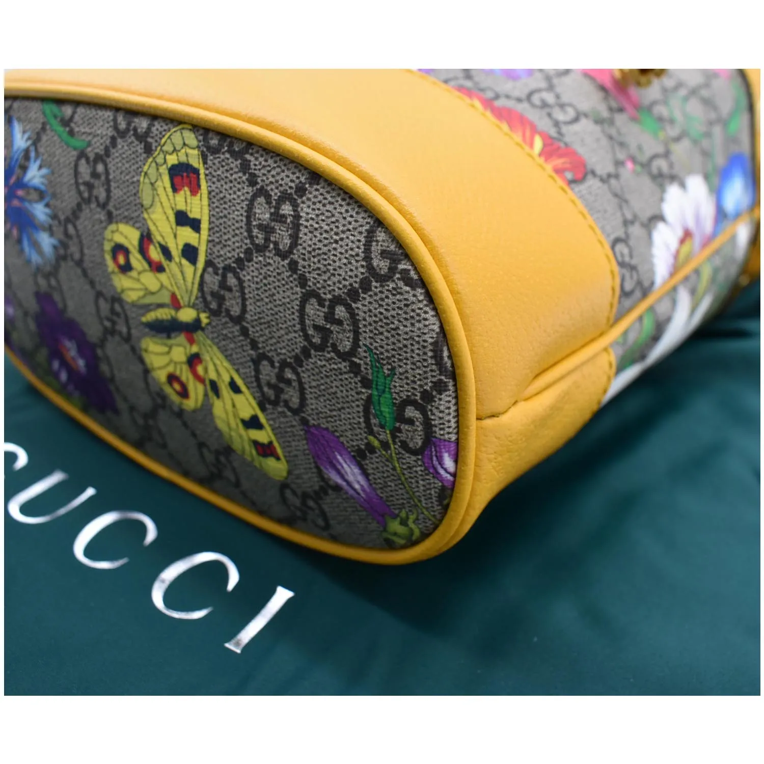 GUCCI Ophidia Flora Small GG Canvas Bucket Bag Yellow 550621