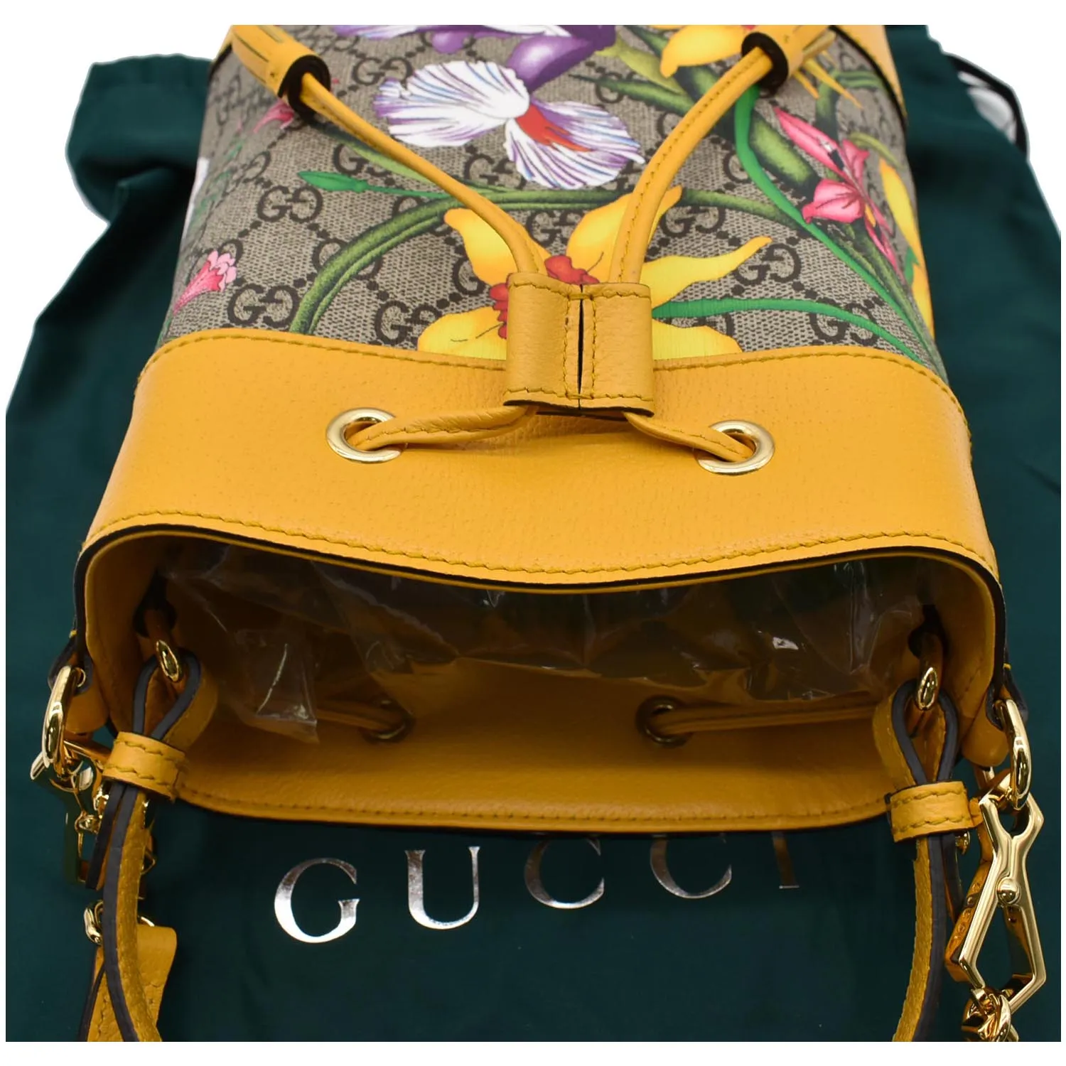 GUCCI Ophidia Flora Small GG Canvas Bucket Bag Yellow 550621