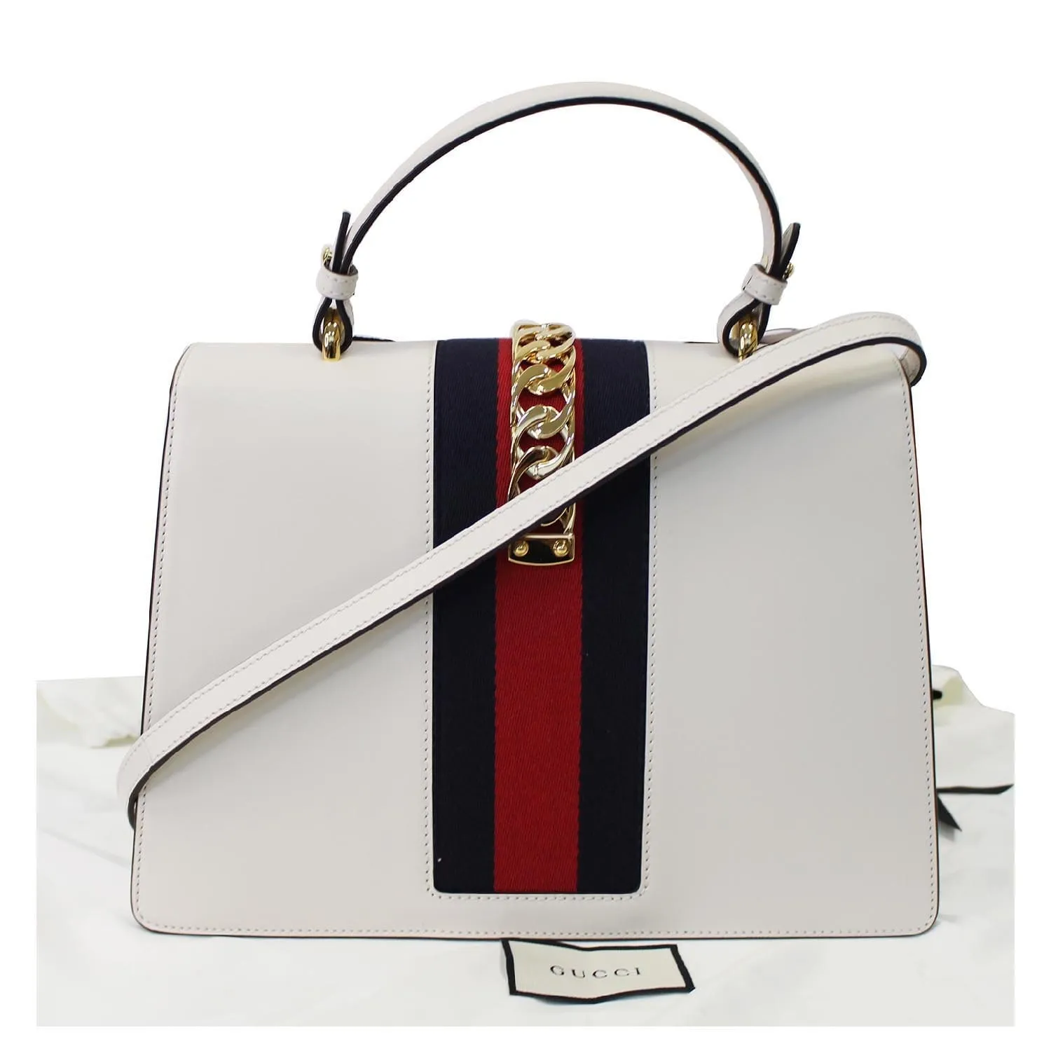 GUCCI Sylvie Embroidered Leather Medium Top Handle Bag White 431665
