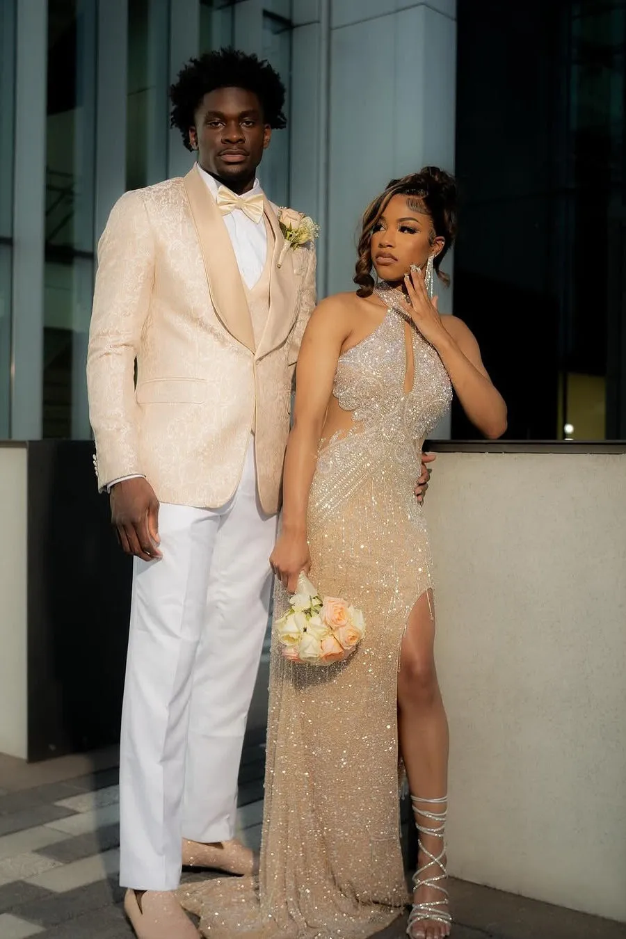 Halter High neck Champange Column Sparkle Prom Dresses