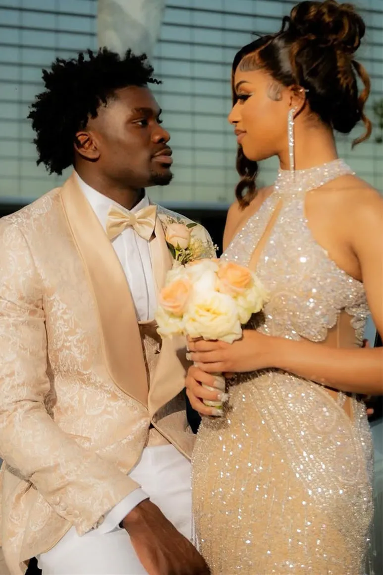 Halter High neck Champange Column Sparkle Prom Dresses