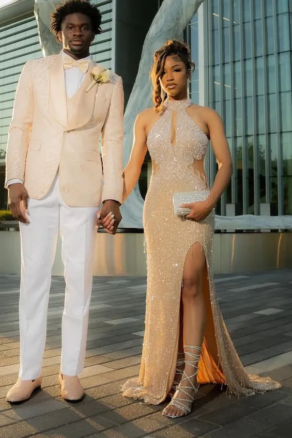Halter High neck Champange Column Sparkle Prom Dresses
