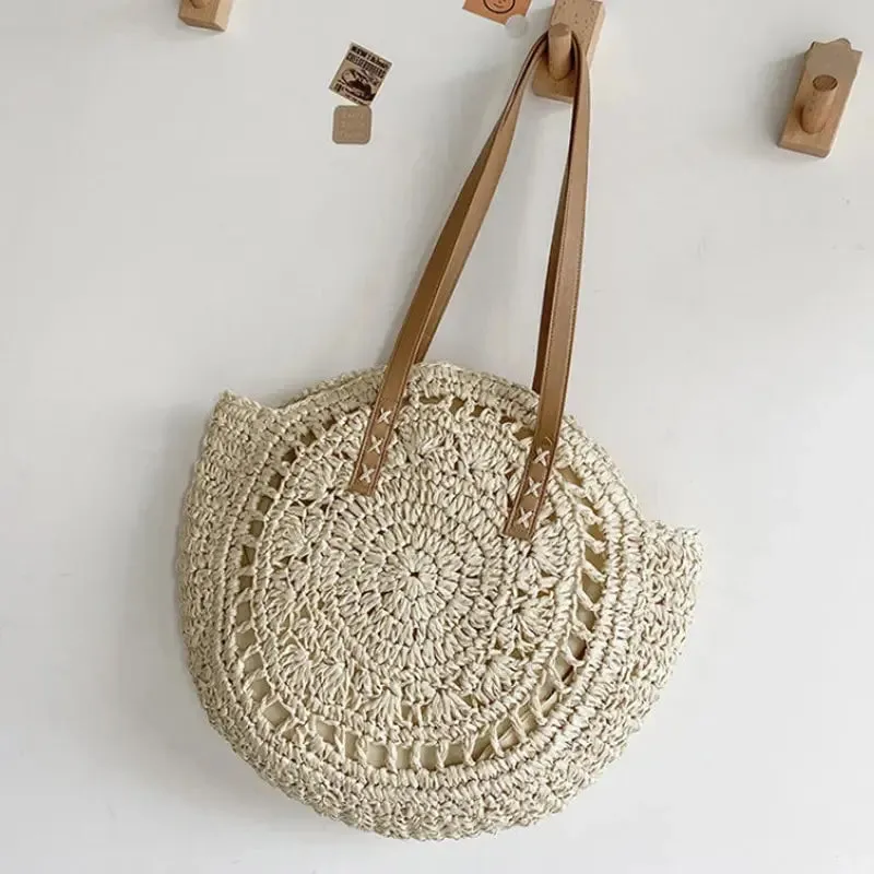 Handcrafted Round Straw Woven Beach Tote Bag Vacation Beach Hollow Out Shoulder Bag