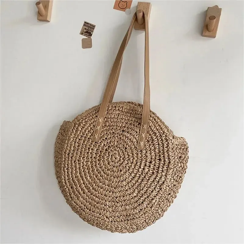 Handcrafted Round Straw Woven Beach Tote Bag Vacation Beach Hollow Out Shoulder Bag