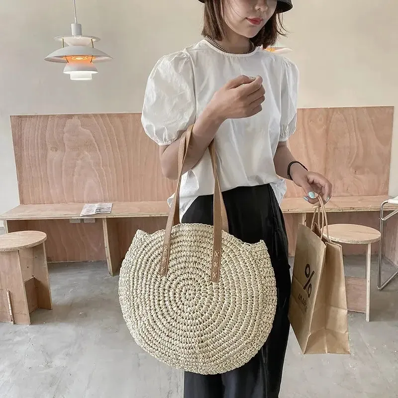 Handcrafted Round Straw Woven Beach Tote Bag Vacation Beach Hollow Out Shoulder Bag