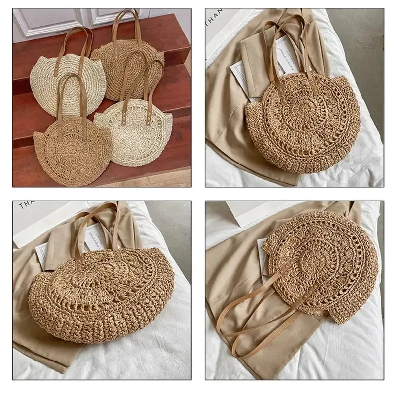 Handcrafted Round Straw Woven Beach Tote Bag Vacation Beach Hollow Out Shoulder Bag