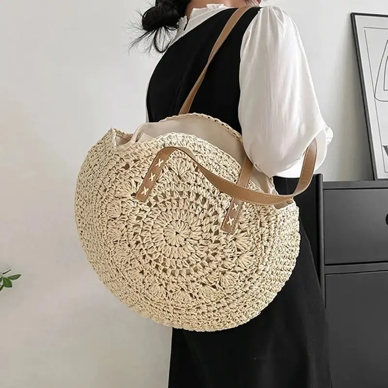 Handcrafted Round Straw Woven Beach Tote Bag Vacation Beach Hollow Out Shoulder Bag