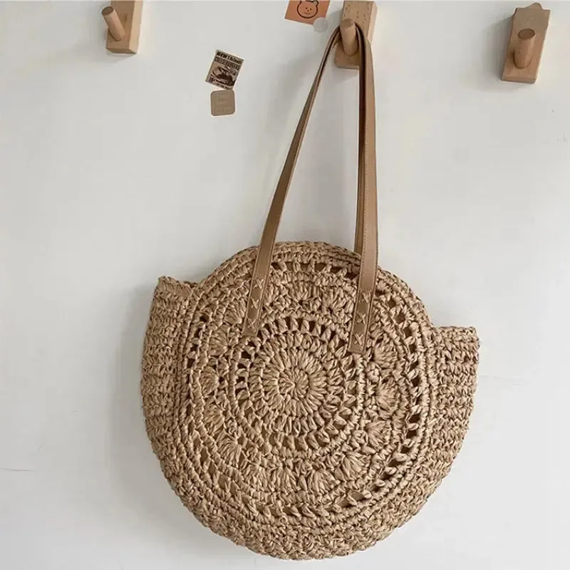 Handcrafted Round Straw Woven Beach Tote Bag Vacation Beach Hollow Out Shoulder Bag