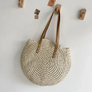Handcrafted Round Straw Woven Beach Tote Bag Vacation Beach Hollow Out Shoulder Bag