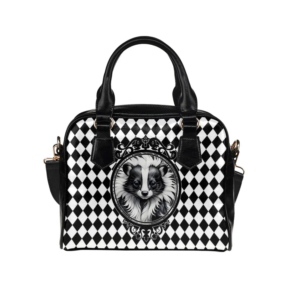 Harlequin Skunk Purse, Black White Bowler Bag Handbag