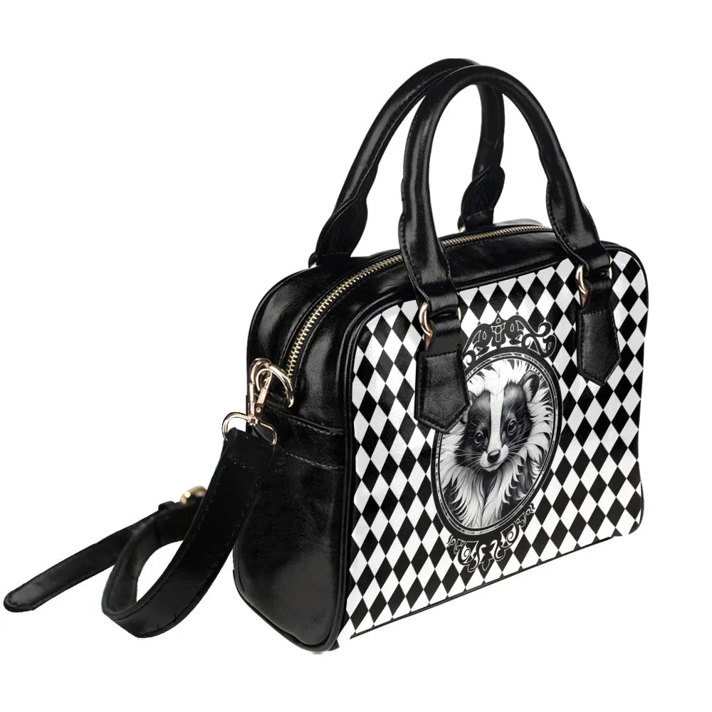 Harlequin Skunk Purse, Black White Bowler Bag Handbag