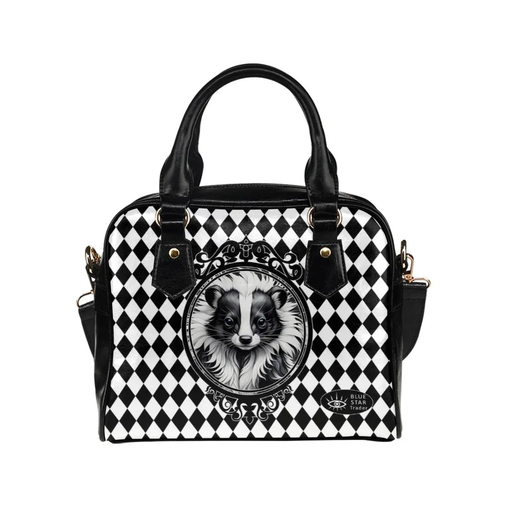 Harlequin Skunk Purse, Black White Bowler Bag Handbag
