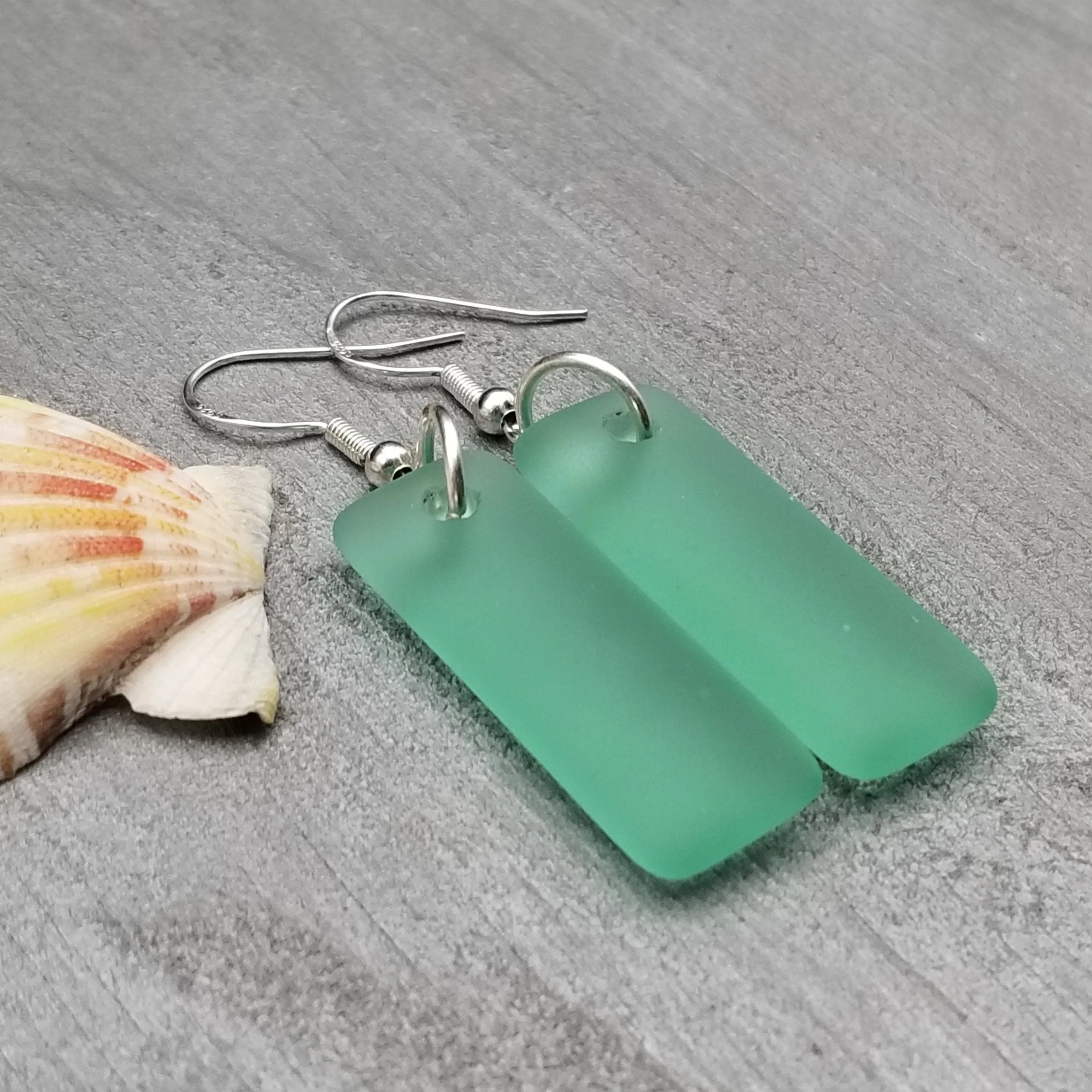 Hawaiian Jewelry Sea Glass Earrings, Rectangle Minimalist Jewelry Aquamarine Earrings, Sea Glass Birthday Gift (March Birthstone)
