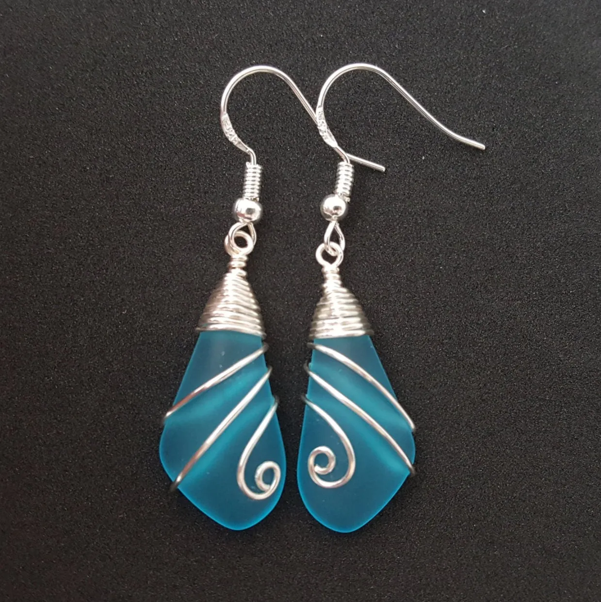 Hawaiian Jewelry Sea Glass Earrings, Wire Turquoise Earrings Blue Earrings, Sea Glass Jewelry Birthday Gift (December Birthstone Jewelry)