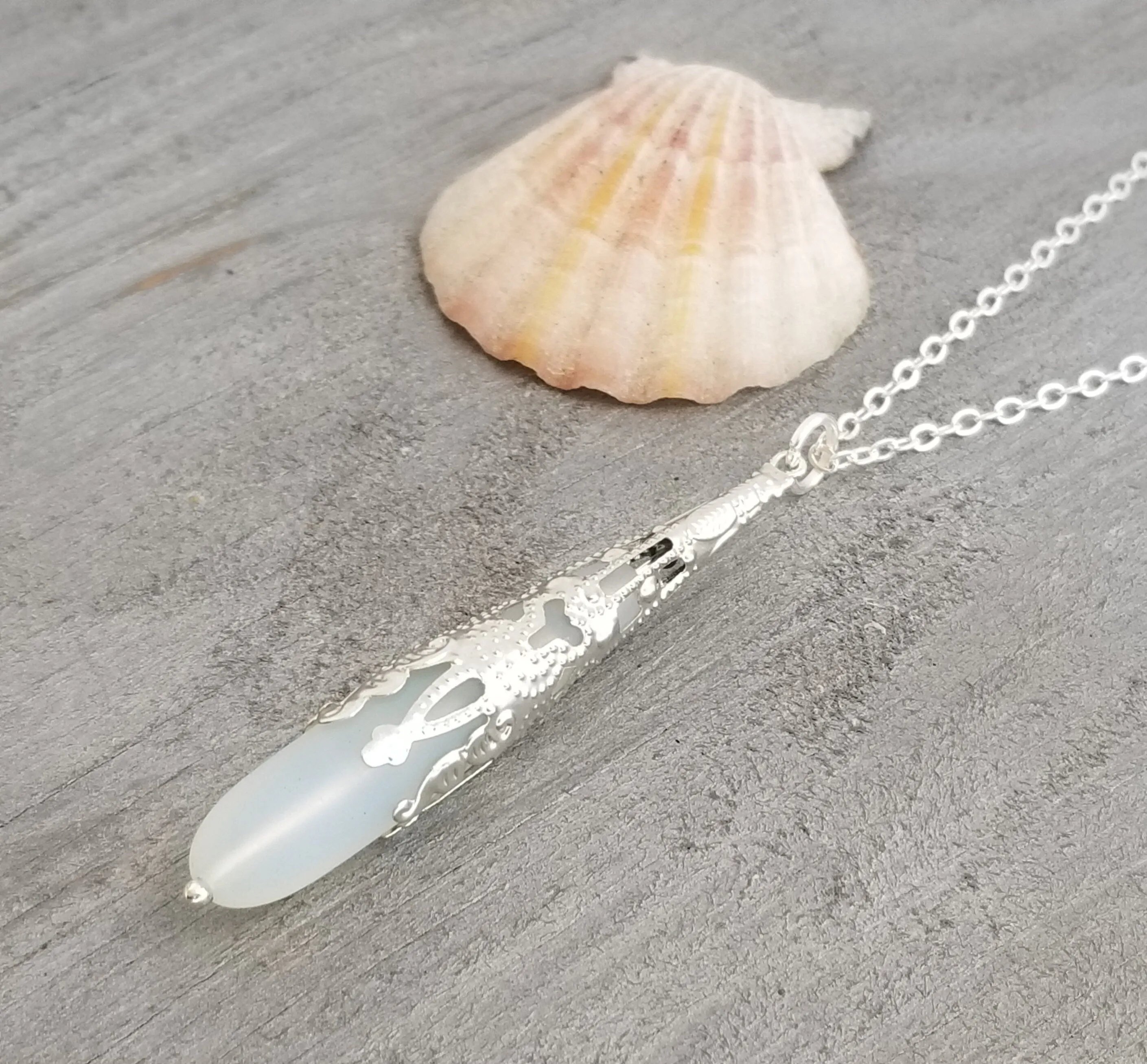 Hawaiian Jewelry Sea Glass Necklace, Moonstone Necklace, Long Teardrop Necklace, Birthday Gift  For Women (June Birthstone Jewelry)