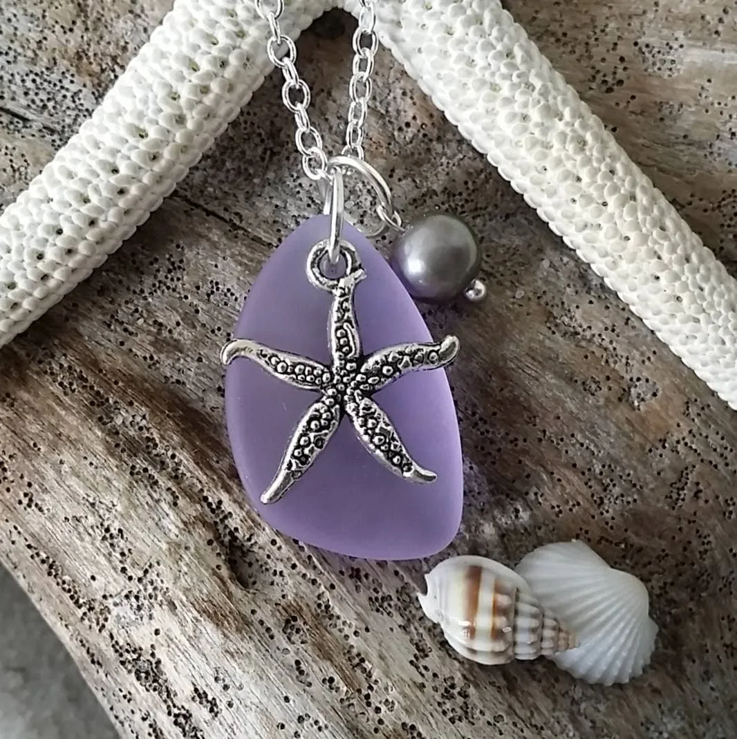 Hawaiian Jewelry Sea Glass Necklace, "Magical Color Changing" Purple Necklace Starfish Necklace Sea Glass Birthday Gift(February Birthstone)