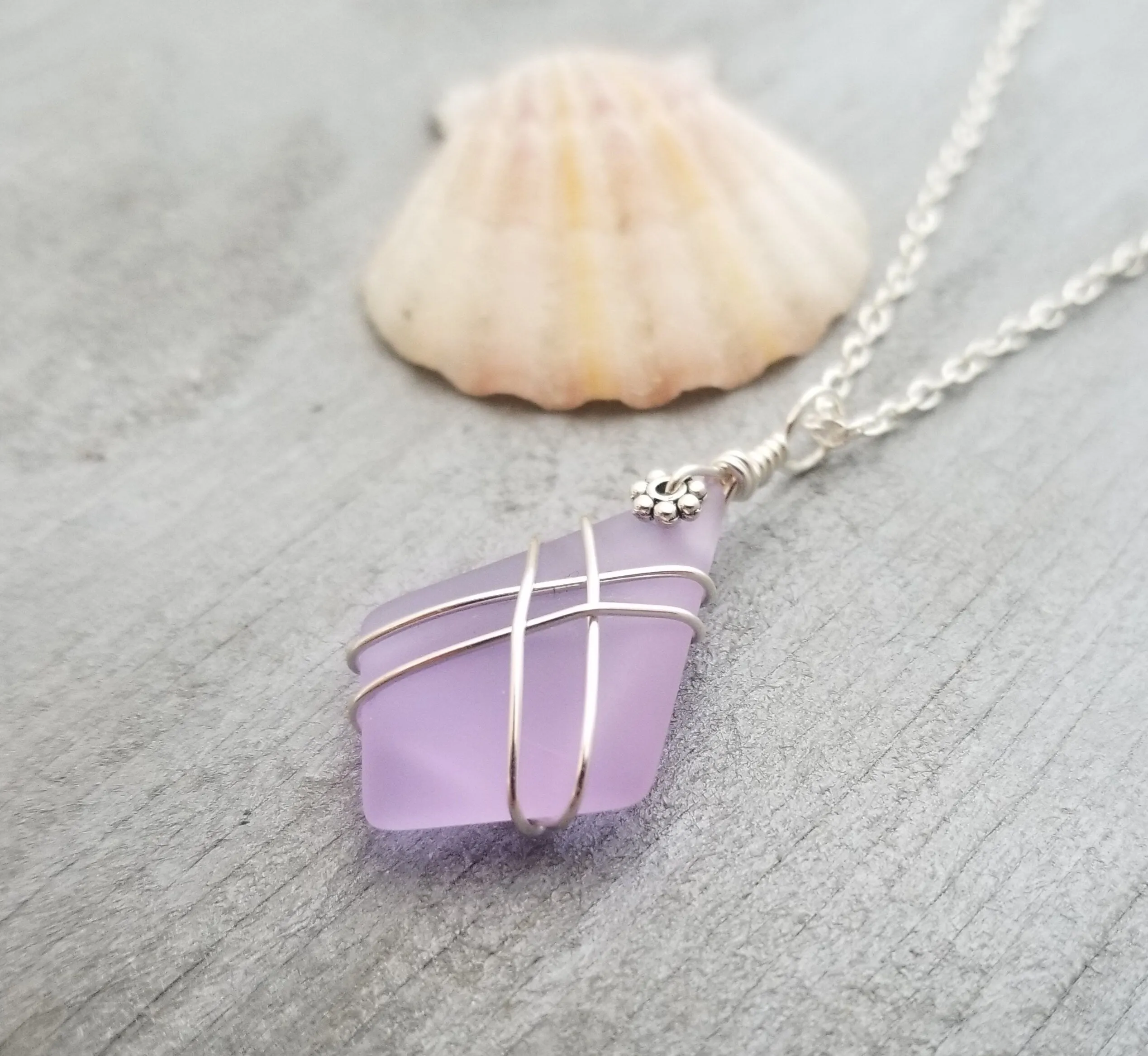 Hawaiian Jewelry Sea Glass Necklace, Wire Cross Necklace "Magical Color Changing" Purple Necklace, Unique Beach Jewelry(February Birthstone)
