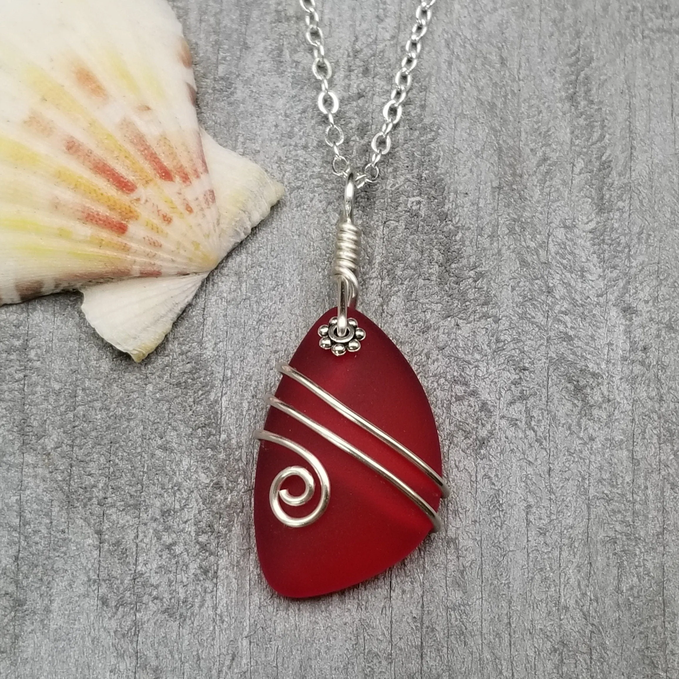 Hawaiian Jewelry Sea Glass Necklace, Wire Red Necklace, Unique Beach Sea Glass Jewelry Birthday Gift (January Birthstone Jewelry For Women)
