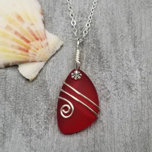 Hawaiian Jewelry Sea Glass Necklace, Wire Red Necklace, Unique Beach Sea Glass Jewelry Birthday Gift (January Birthstone Jewelry For Women)
