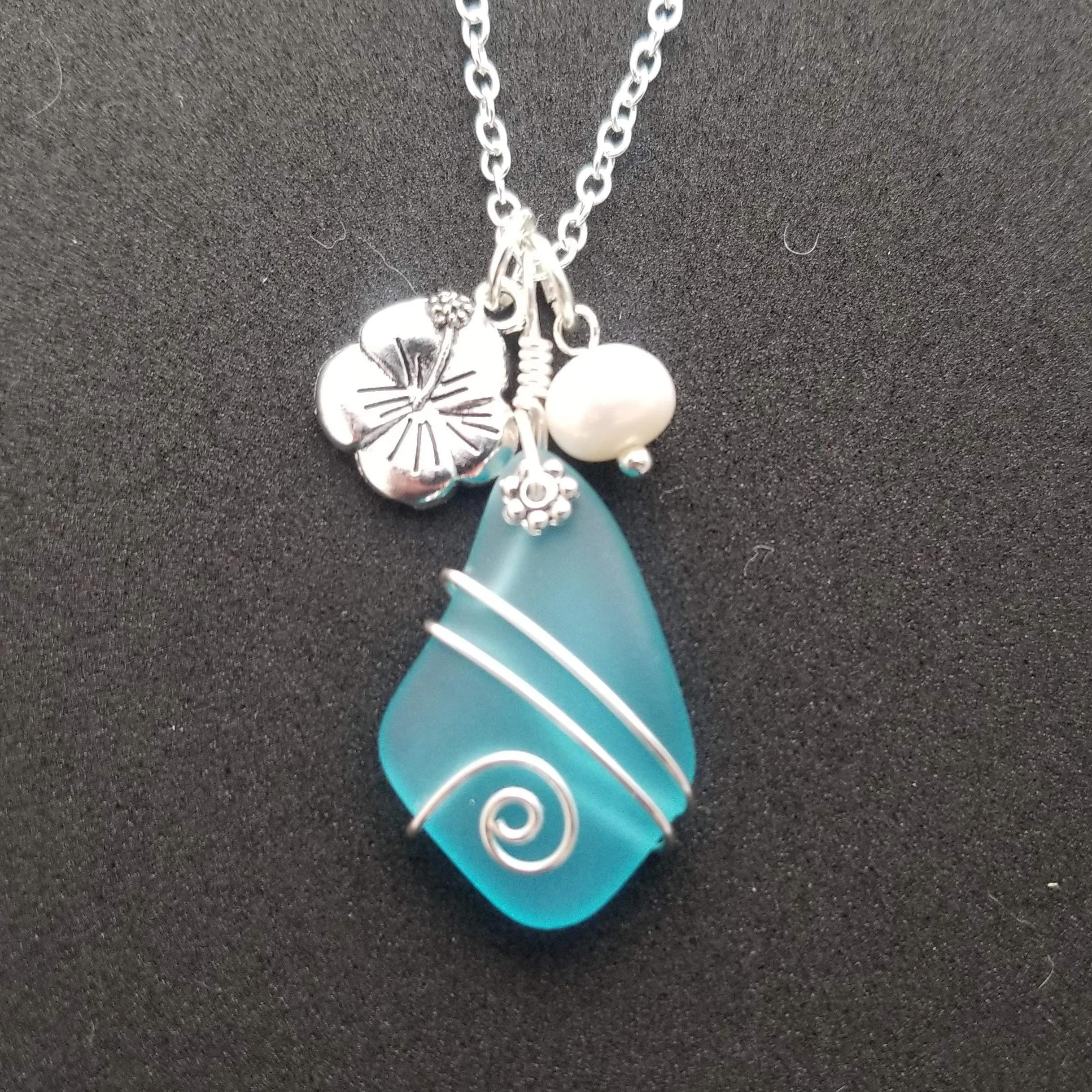 Hawaiian Jewelry Sea Glass Necklace, Wire Turquoise Necklace Blue Necklace, Hibiscus Pearl Necklace, Sea Glass Jewelry (December Birthstone)