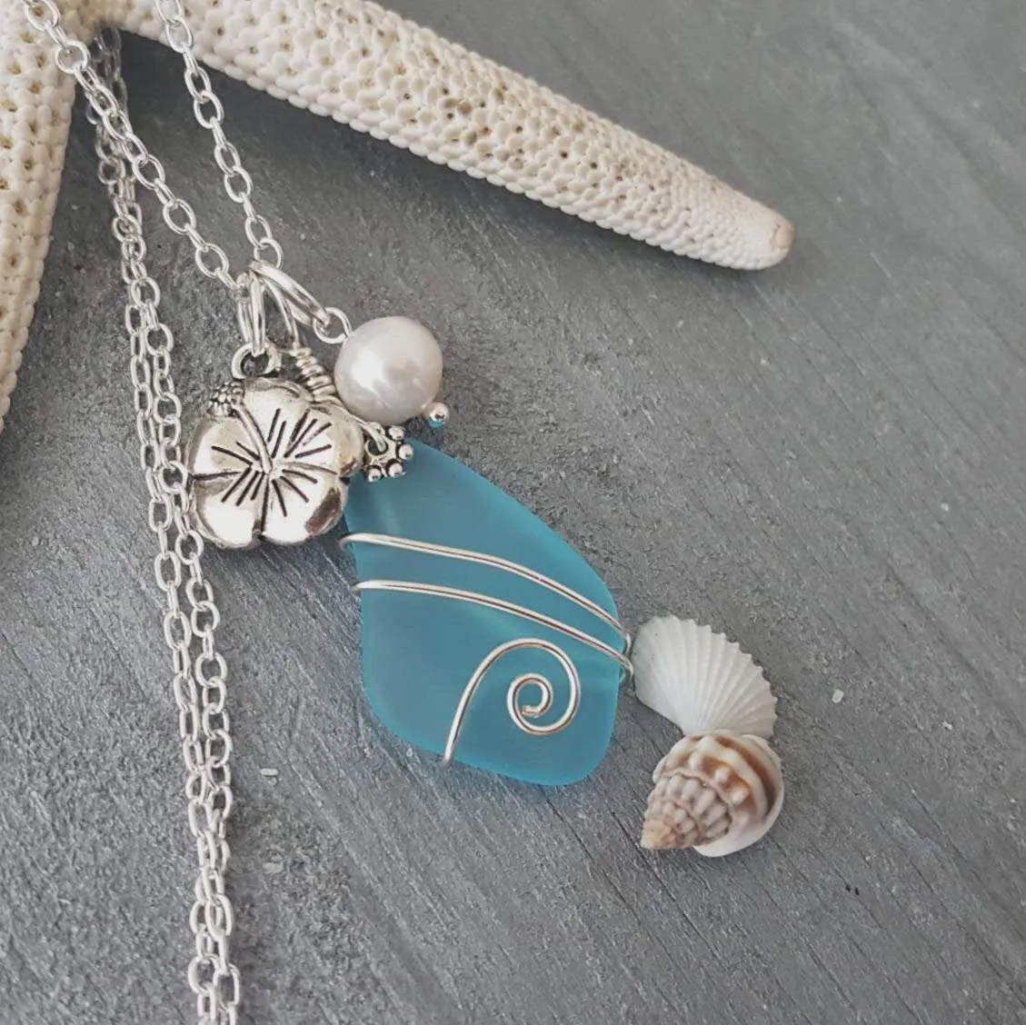 Hawaiian Jewelry Sea Glass Necklace, Wire Turquoise Necklace Blue Necklace, Hibiscus Pearl Necklace, Sea Glass Jewelry (December Birthstone)
