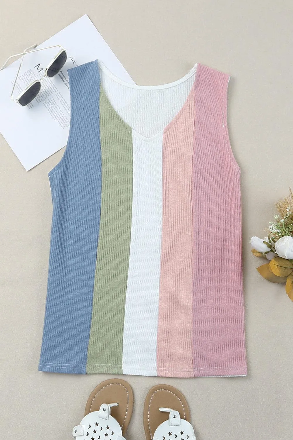 Hazel Blues® | Multicolored Striped Waffle-Knit Sleeveless Tank