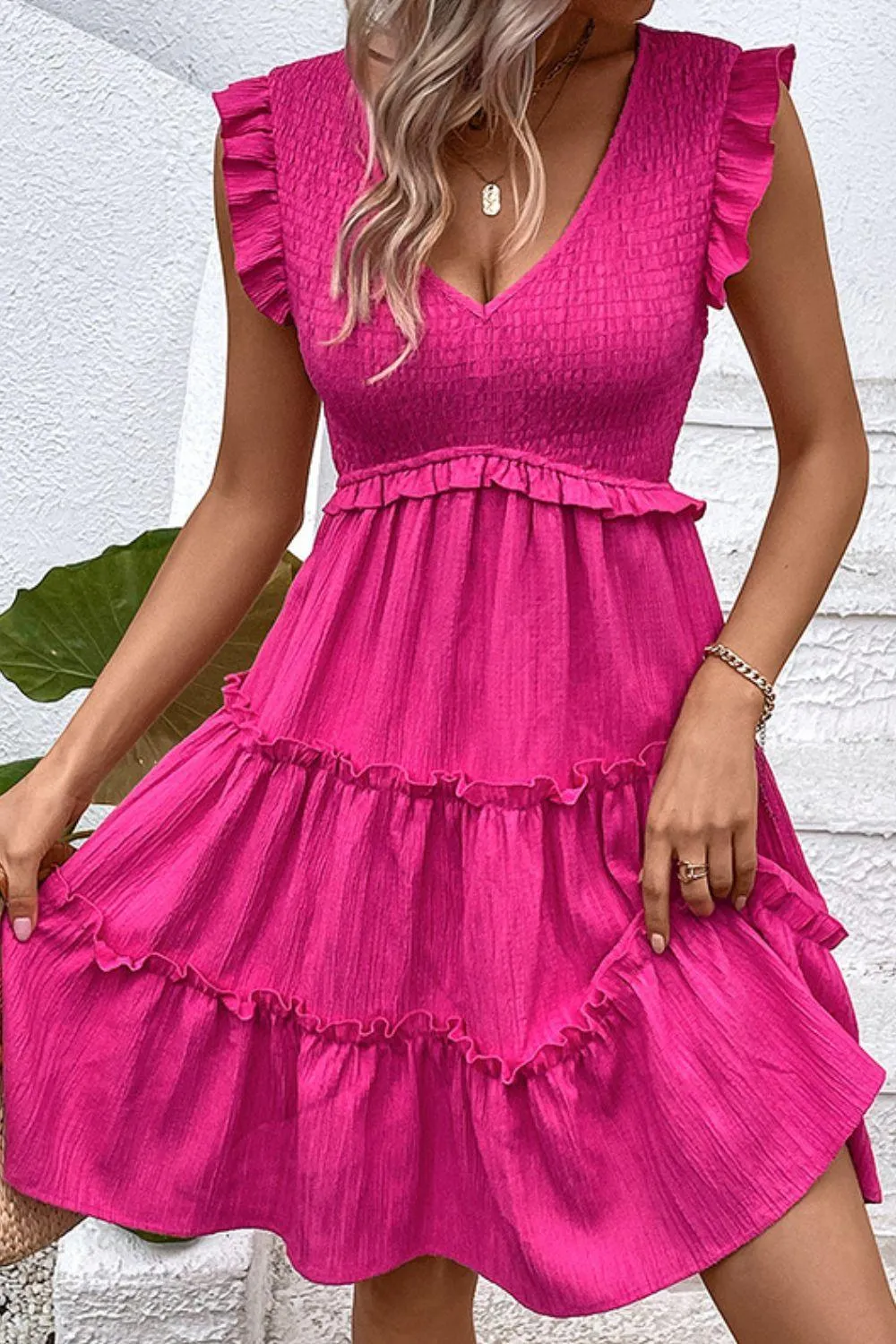 Hazel Blues® |  Smocked Frill Trim Deep V Dress