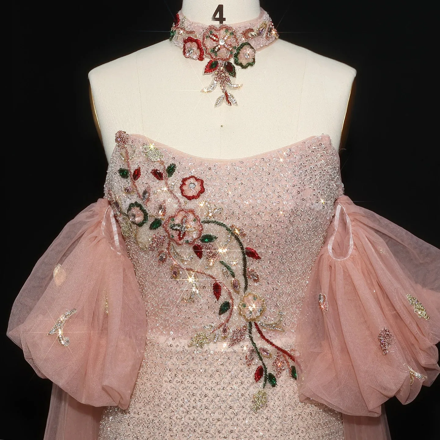 HELEN Luxury Glittering Pink Beaded Evening Gown with Puff Sleeves Cape