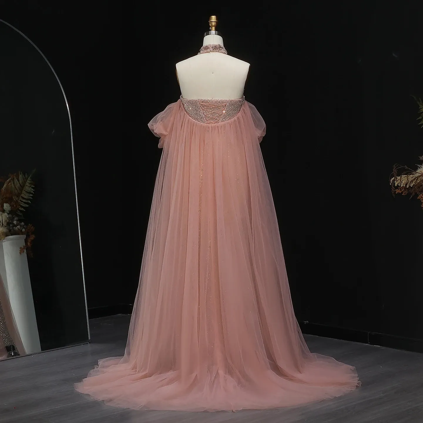 HELEN Luxury Glittering Pink Beaded Evening Gown with Puff Sleeves Cape