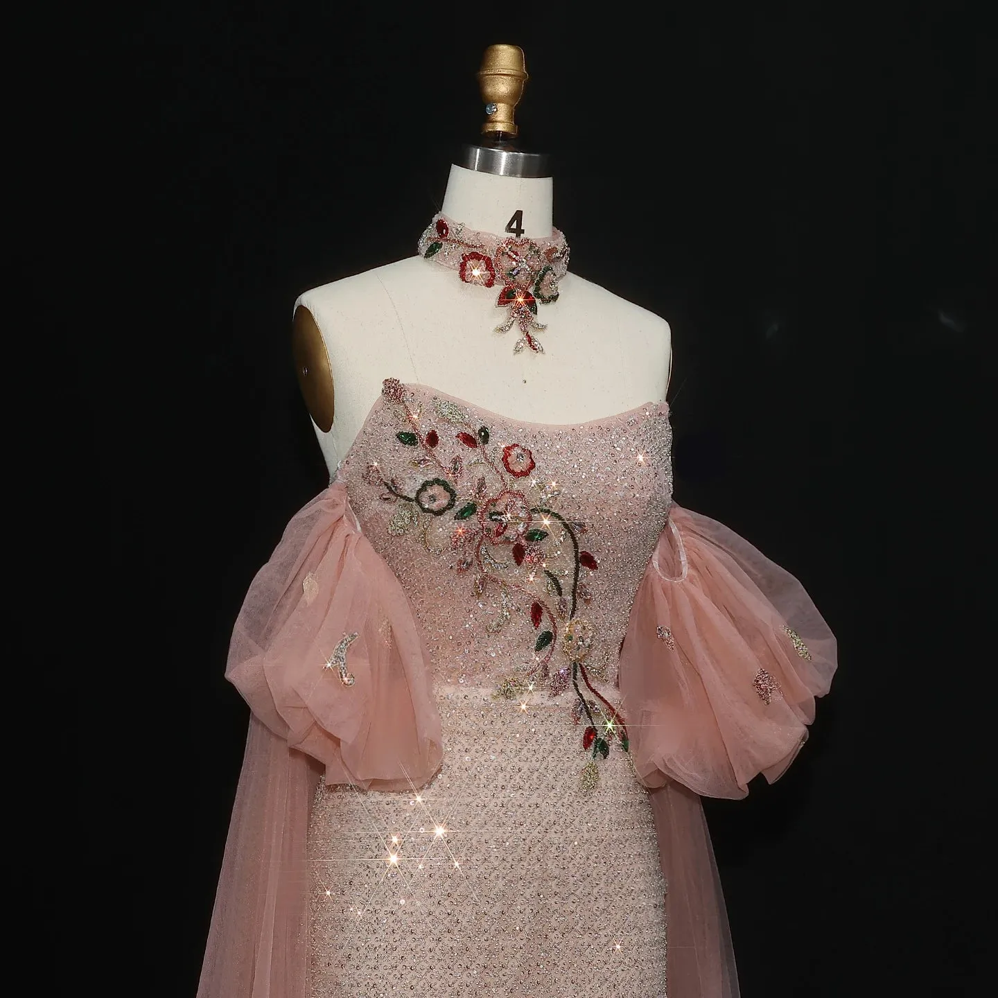 HELEN Luxury Glittering Pink Beaded Evening Gown with Puff Sleeves Cape