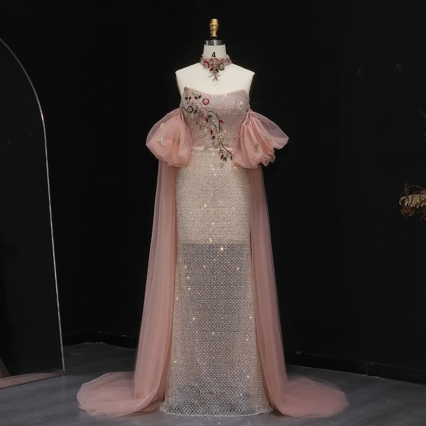 HELEN Luxury Glittering Pink Beaded Evening Gown with Puff Sleeves Cape