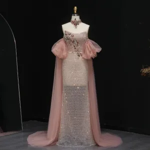 HELEN Luxury Glittering Pink Beaded Evening Gown with Puff Sleeves Cape