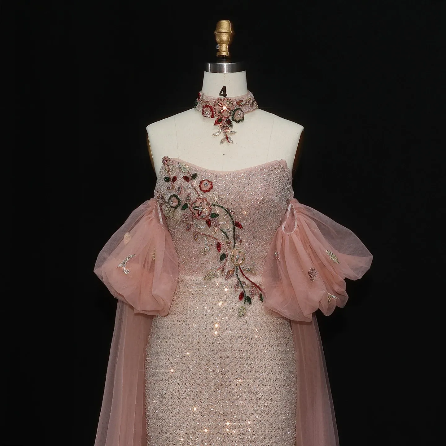 HELEN Luxury Glittering Pink Beaded Evening Gown with Puff Sleeves Cape