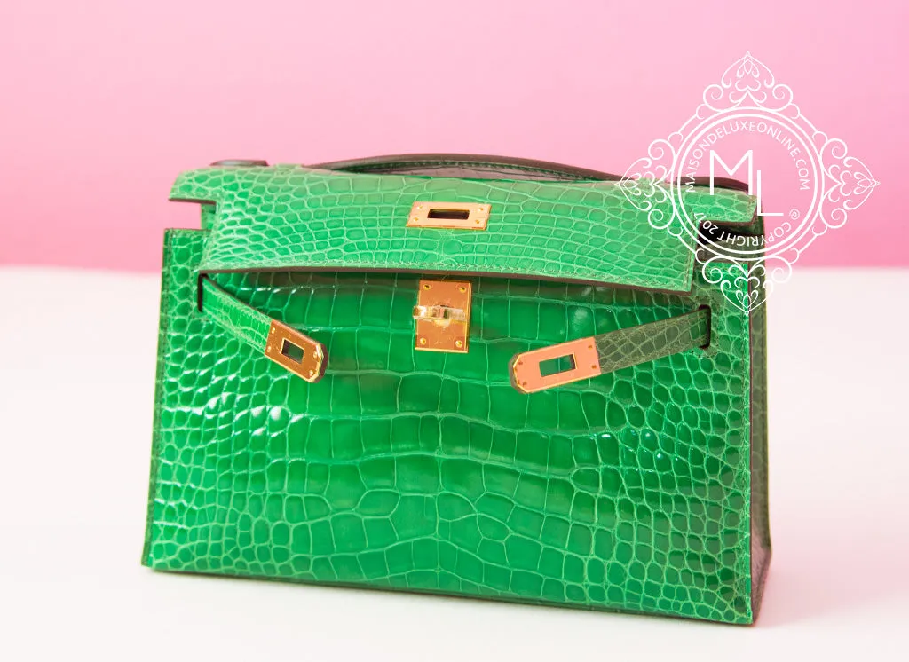 Hermes Cactus GHW Crocodile Mini Kelly Pochette Clutch