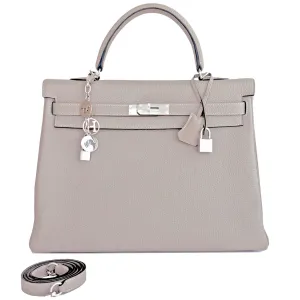 Hermes Gris Tourterelle Togo Kelly Dove Grey 35cm Palladium Shoulder Bag Elegant