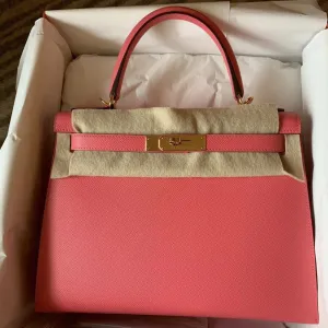 Hermès Kelly 28 Rose Azalee Sellier Epsom Gold Hardware GHW