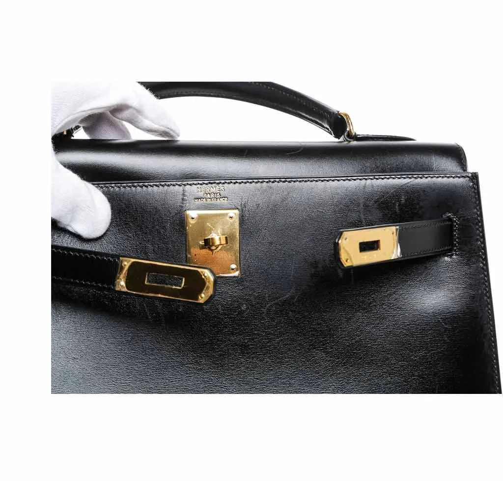 Hermès Kelly 32 Black Box Leather Bag GHW