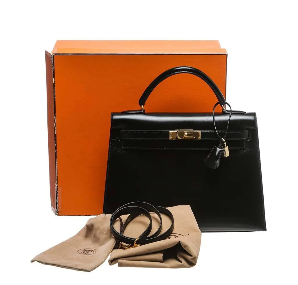 Hermès Kelly 32 Black Box Leather Bag GHW