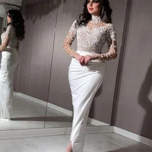 high neck beaded evening dresses white long sleeve elegant muslim evening gown robe de soiree abendkleider