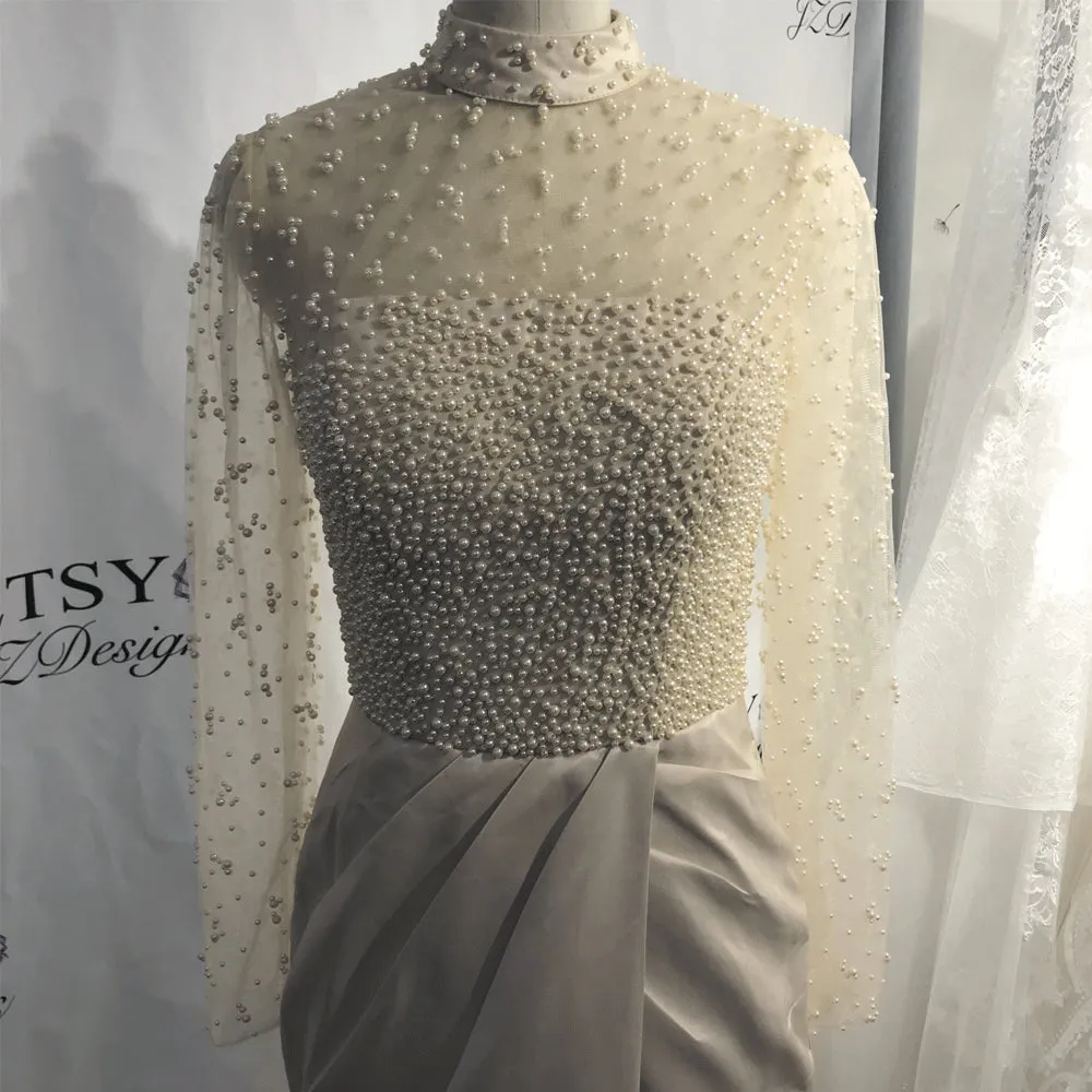high neck champagne evening dresses long sleeve peals elegant mermaid evening gown 2020