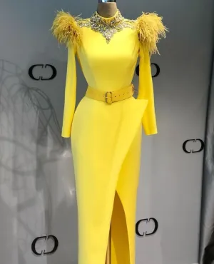 high neck yellow evening dresses long sleeve feather beaded mermaid modest simple elegant formal evening gown