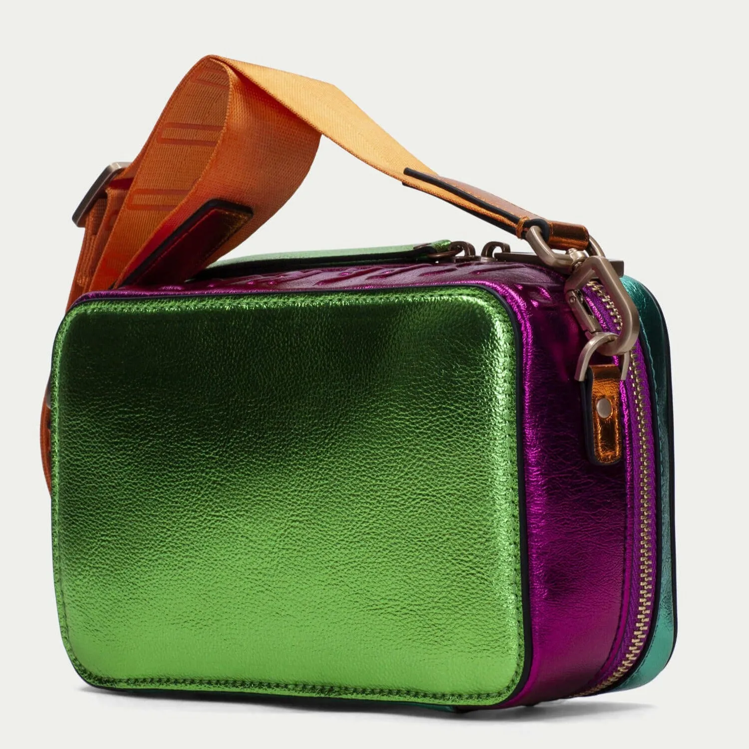 Hispanitas Metallic Orange Smooth Leather Crossbody Camera Bag