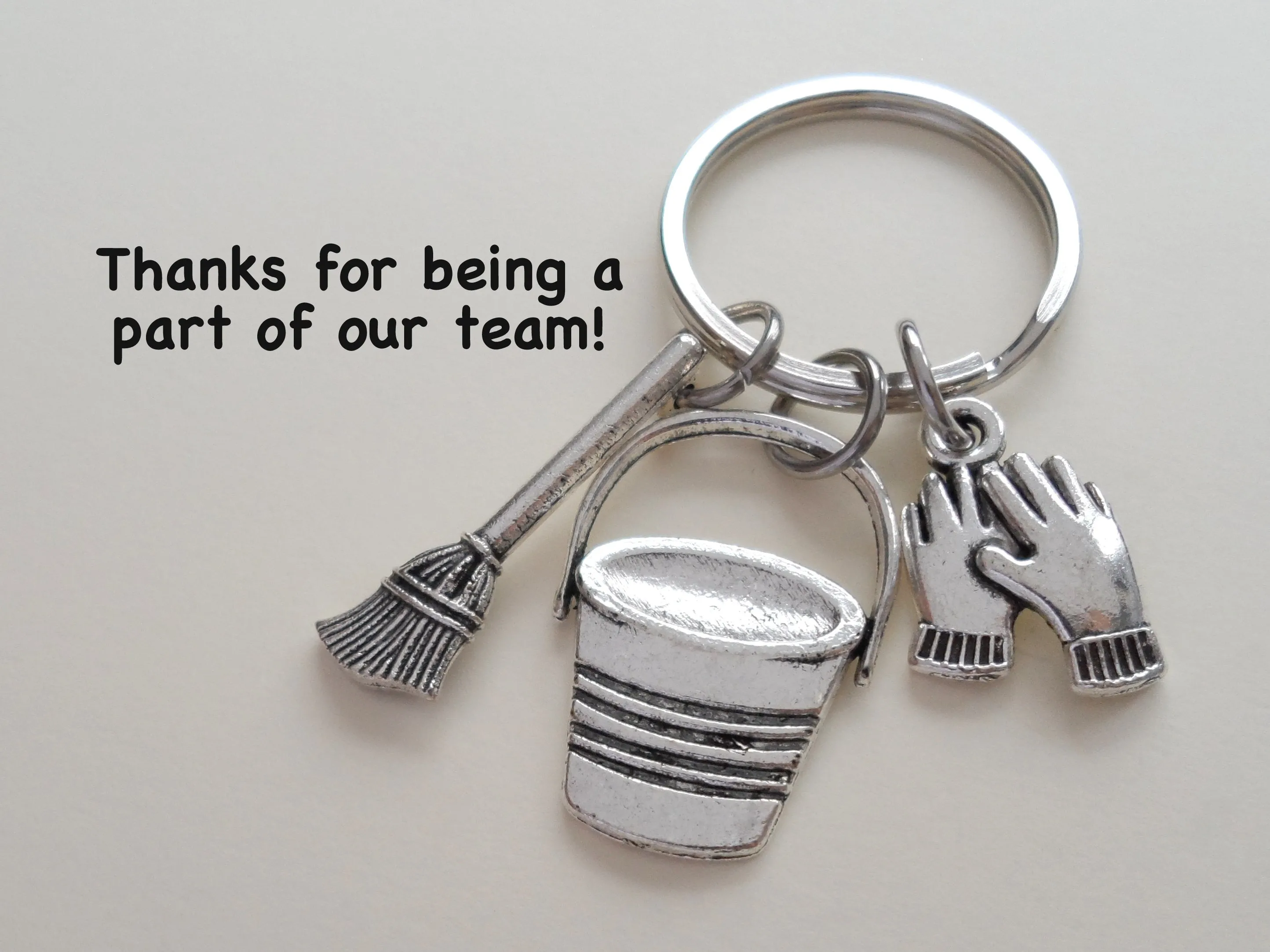Housekeeping Appreciation Gift Keychain; Bucket, Broom, Work Gloves Charm Keychain