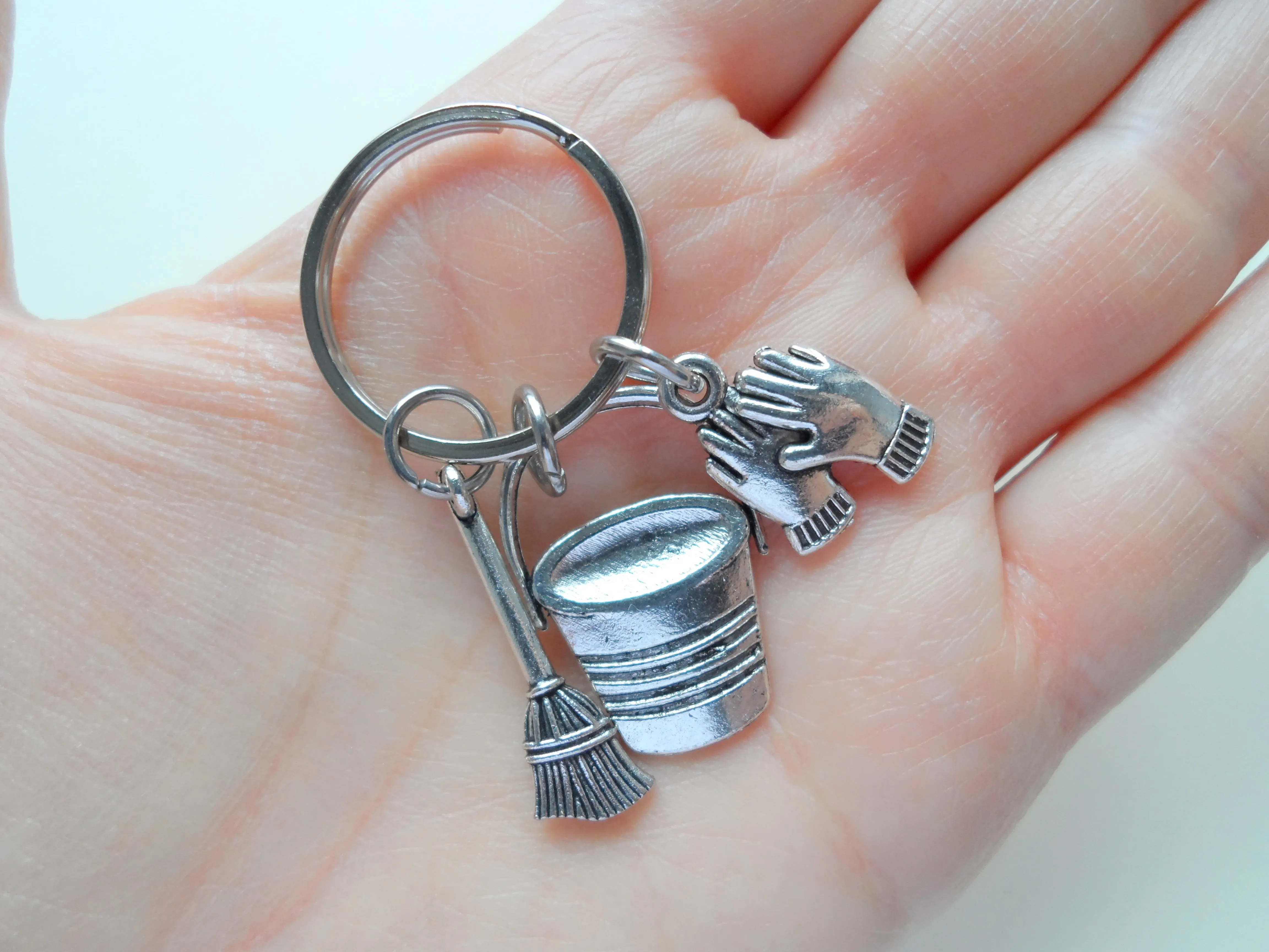 Housekeeping Appreciation Gift Keychain; Bucket, Broom, Work Gloves Charm Keychain