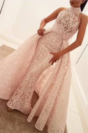 Illusion Puffy Overskirt Column High Neck Sleeveless Lace Gorgeous Evening Dress