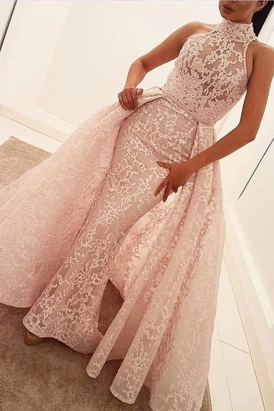 Illusion Puffy Overskirt Column High Neck Sleeveless Lace Gorgeous Evening Dress