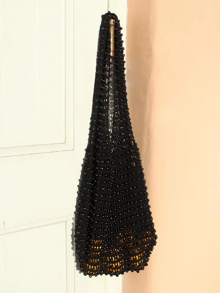 Karma Wooden Beads Crochet Bag in Black